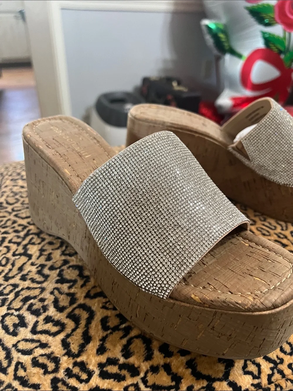 Madden Girl Tan Cork Platform Slides with Sparkle Crystal Strap